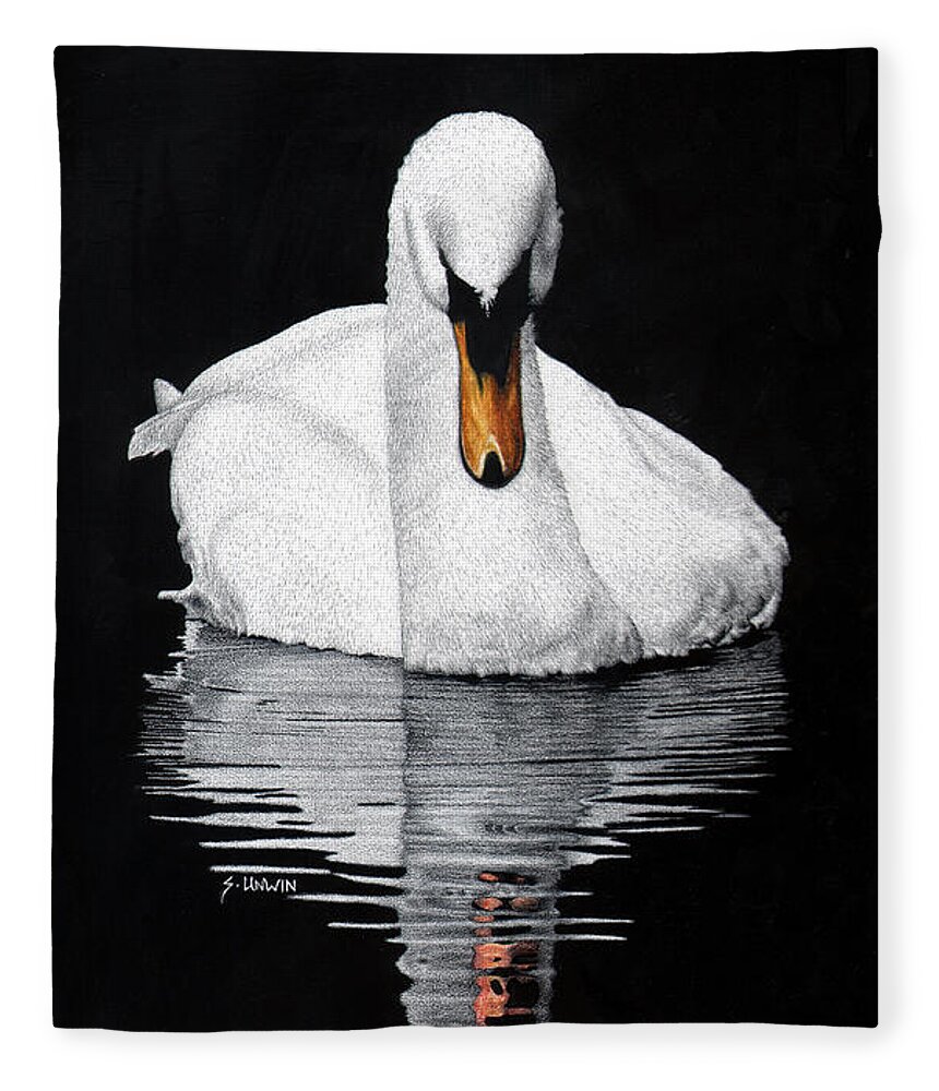 Swan Fleece Blanket featuring the drawing Tranquil Reflection by Sheryl Unwin