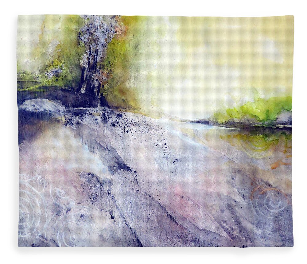 Art Fleece Blanket featuring the painting Tree Growing On Rocky Riverbank by Ikon Ikon Images