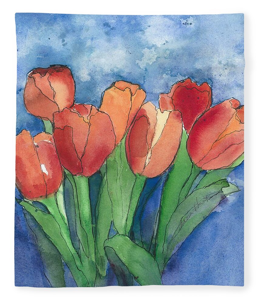 Red And Orange Tulips Fleece Blanket featuring the painting Tulips After the Rain by Maria Hunt