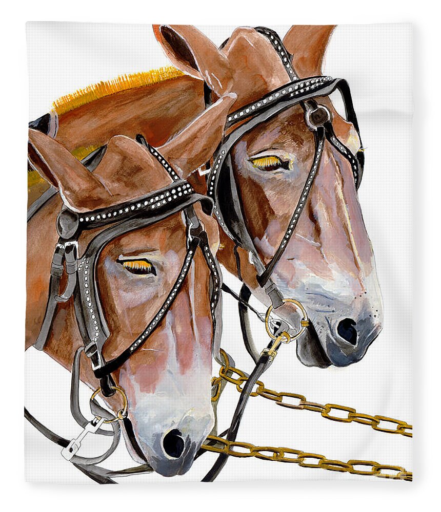 Mules Fleece Blanket featuring the painting Two Mules - Enhanced Color - Farmer's Friend by Jan Dappen