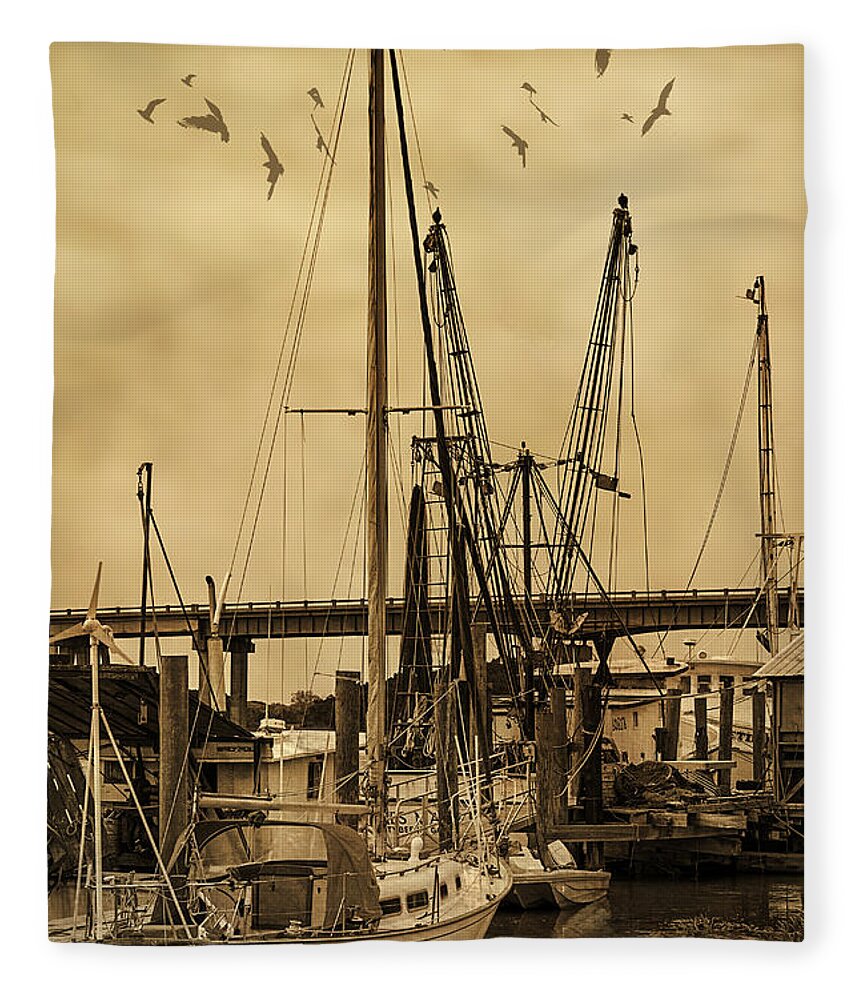 Shrimp Boats Fleece Blanket featuring the photograph Tybee Island Shrimp Boats by Priscilla Burgers