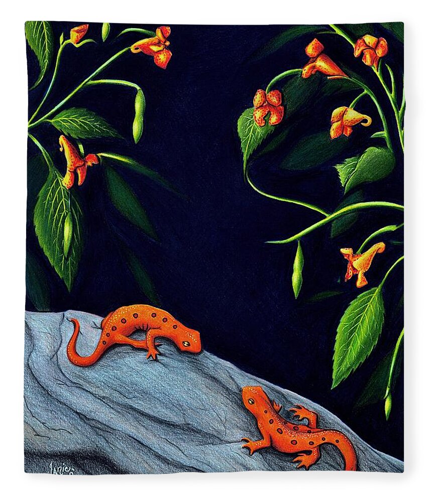 Salamanders Fleece Blanket featuring the drawing Understory by Danielle R T Haney