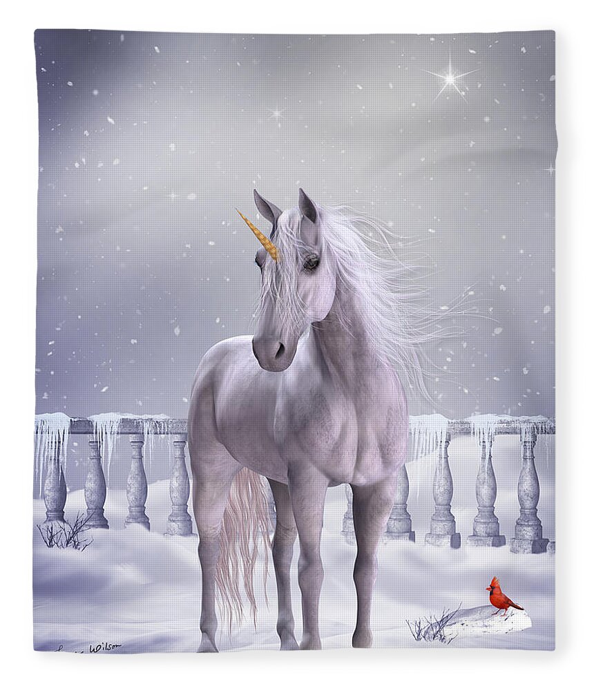 Unicorn Fleece Blanket featuring the digital art Unicorn in the Snow by Jayne Wilson