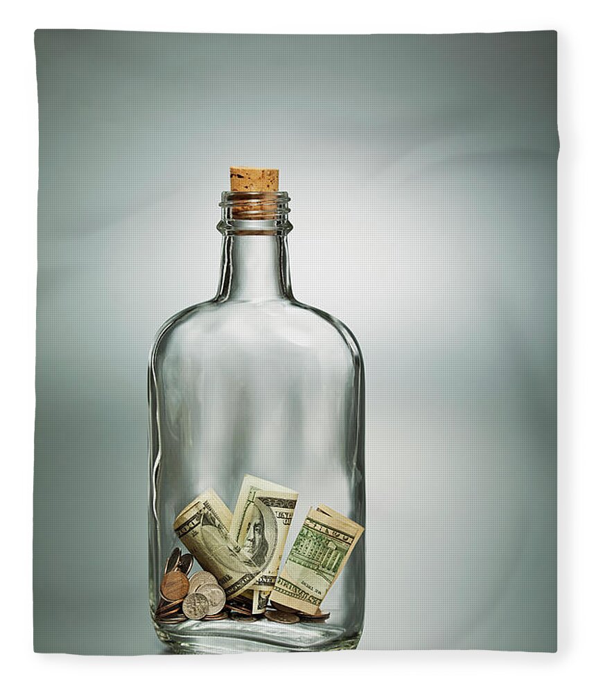 Coin Fleece Blanket featuring the photograph Us Dollar Banknotes In A Bottle by Yuji Sakai