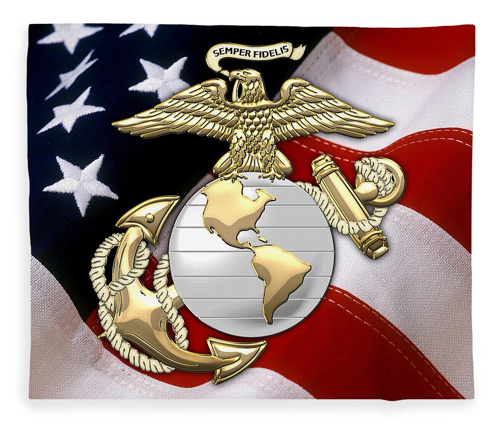 'military Insignia & Heraldry 3d' Collection By Serge Averbukh Fleece Blanket featuring the digital art U. S. Marine Corps - U S M C Eagle Globe and Anchor over American Flag. by Serge Averbukh