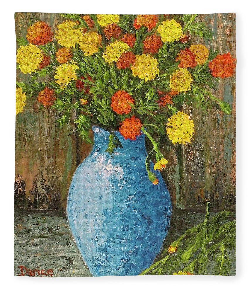Impressionistic Fleece Blanket featuring the painting Vase of Marigolds by Darice Machel McGuire