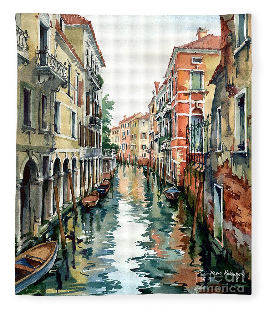 Venetian Canal Fleece Blanket featuring the painting Venetian Canal VII by Maria Rabinky