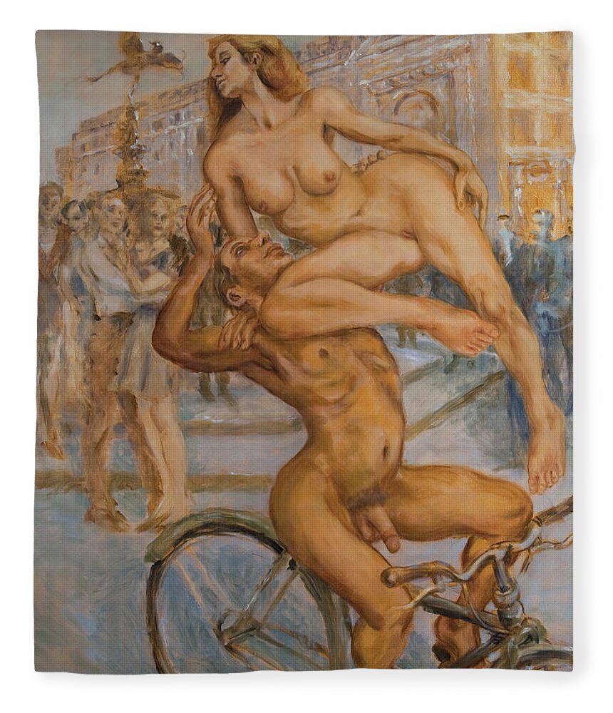 Nudes Fleece Blanket featuring the painting Venus and Adonis cycling under Eros by Peregrine Roskilly