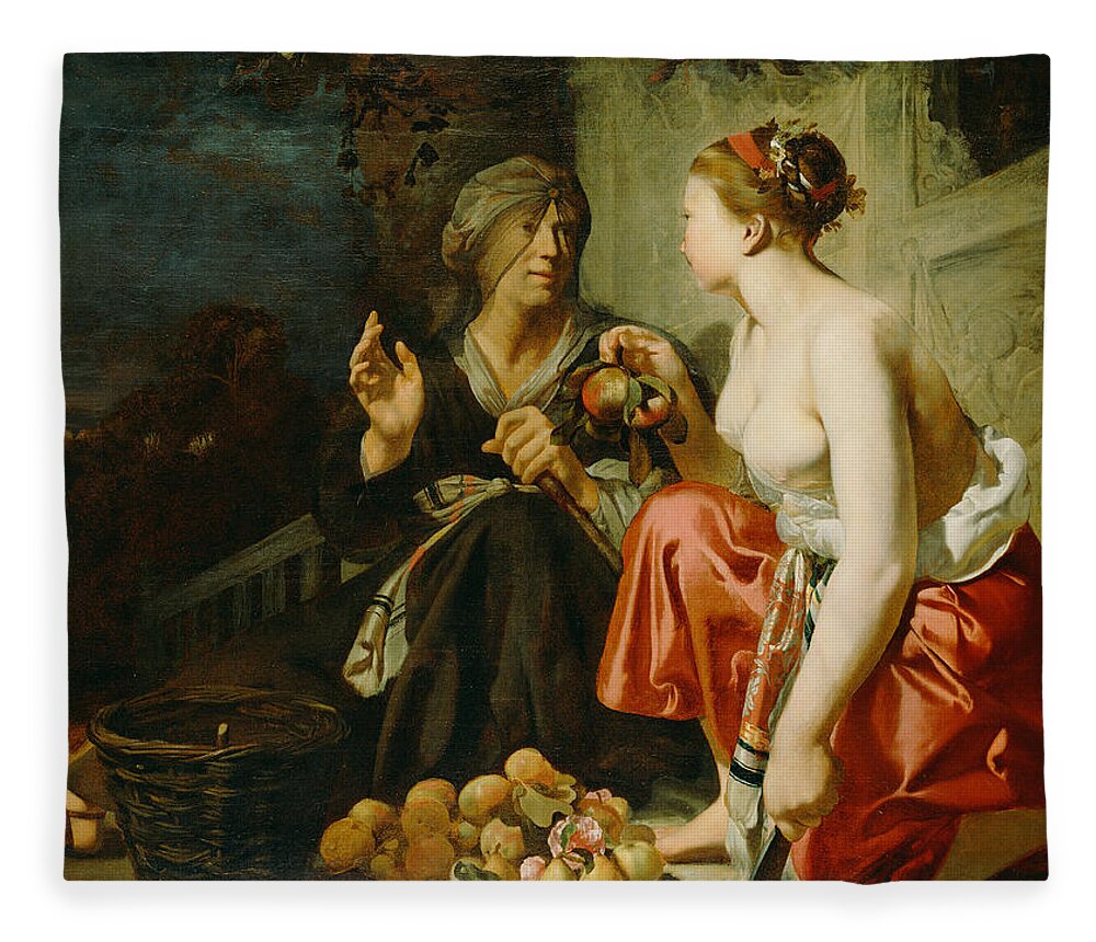 Attributed To Caesar Van Everdingen Fleece Blanket featuring the painting Vertumnus and Pomona by Attributed to Caesar van Everdingen