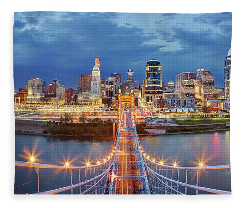 Downtown District Fleece Blanket featuring the photograph View From Atop John A. Roebling Bridge by Adam Jones