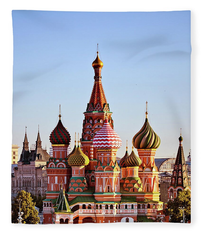 Red Square Fleece Blanket featuring the photograph View Of St. Basils Cathedral In Early by Mordolff