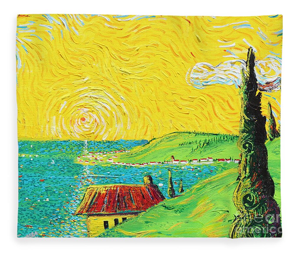 Landscape Fleece Blanket featuring the painting Village By The Sea by Stefan Duncan