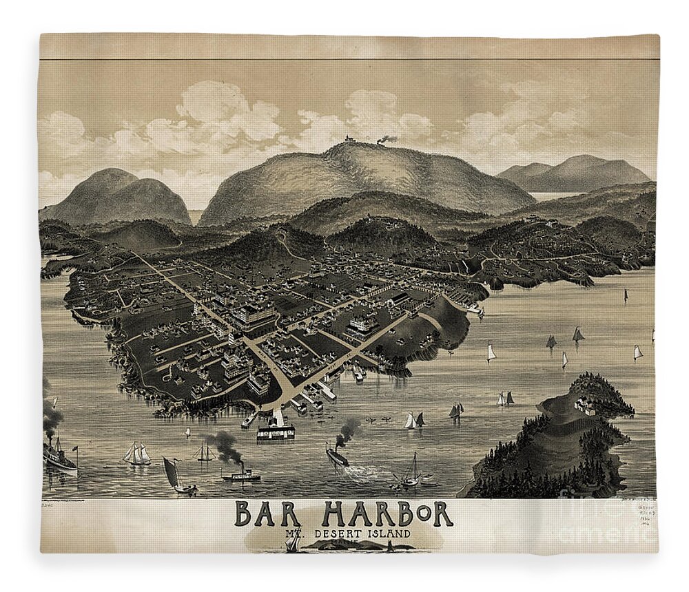 Acadia Fleece Blanket featuring the photograph Vintage Bar Harbor Map by Edward Fielding