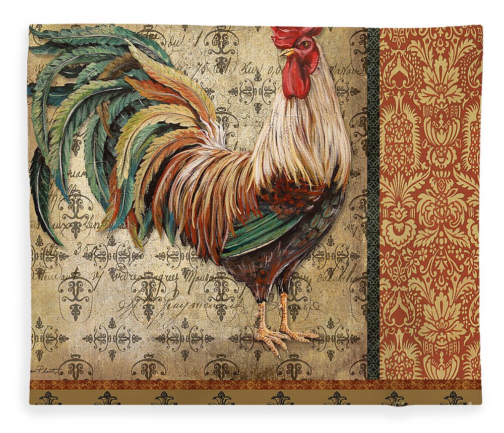 Rooster Fleece Blanket featuring the painting Vintage Rooster-A by Jean Plout