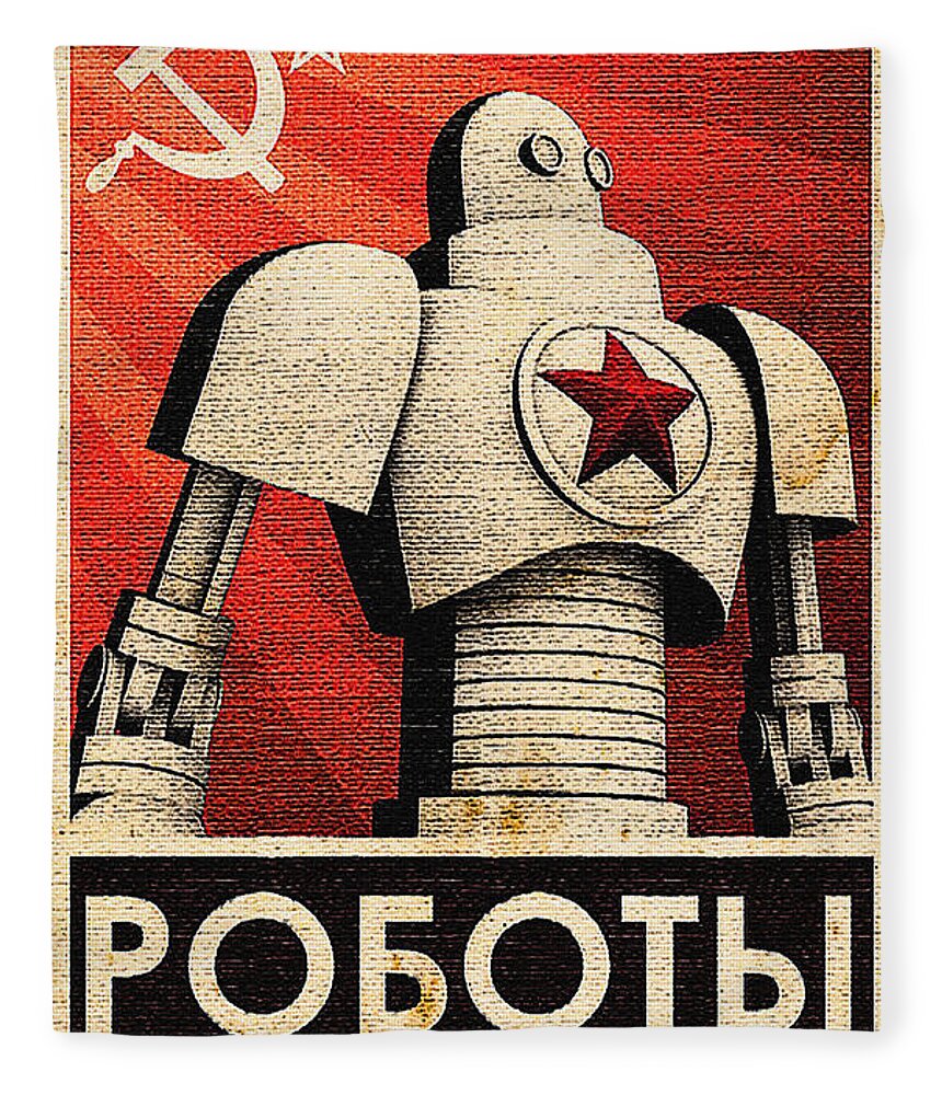 Vintage Fleece Blanket featuring the painting Vintage Russian Robot Poster by Vintage Collectables