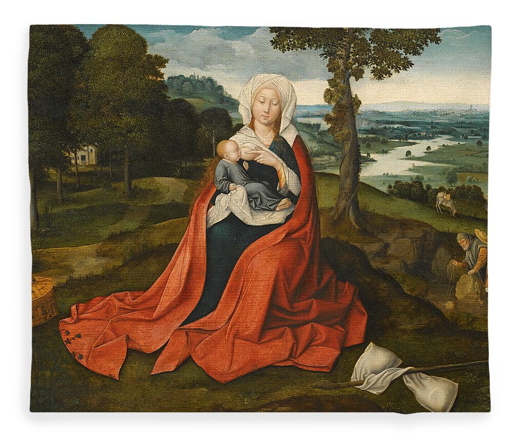 Workshop Of Joachim Patinir Fleece Blanket featuring the painting Virgin and Child seated before an extensive Landscape by Workshop of Joachim Patinir