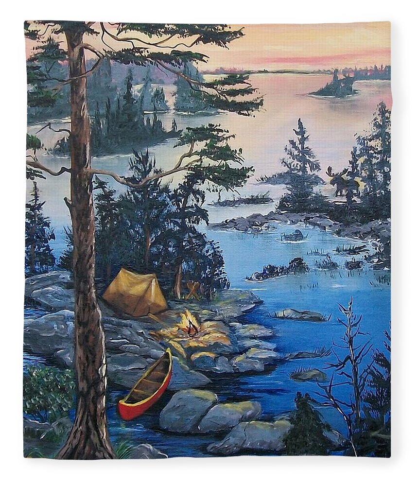 Northwestern Ontario Fleece Blanket featuring the painting Wabigoon Lake Memories by Sharon Duguay