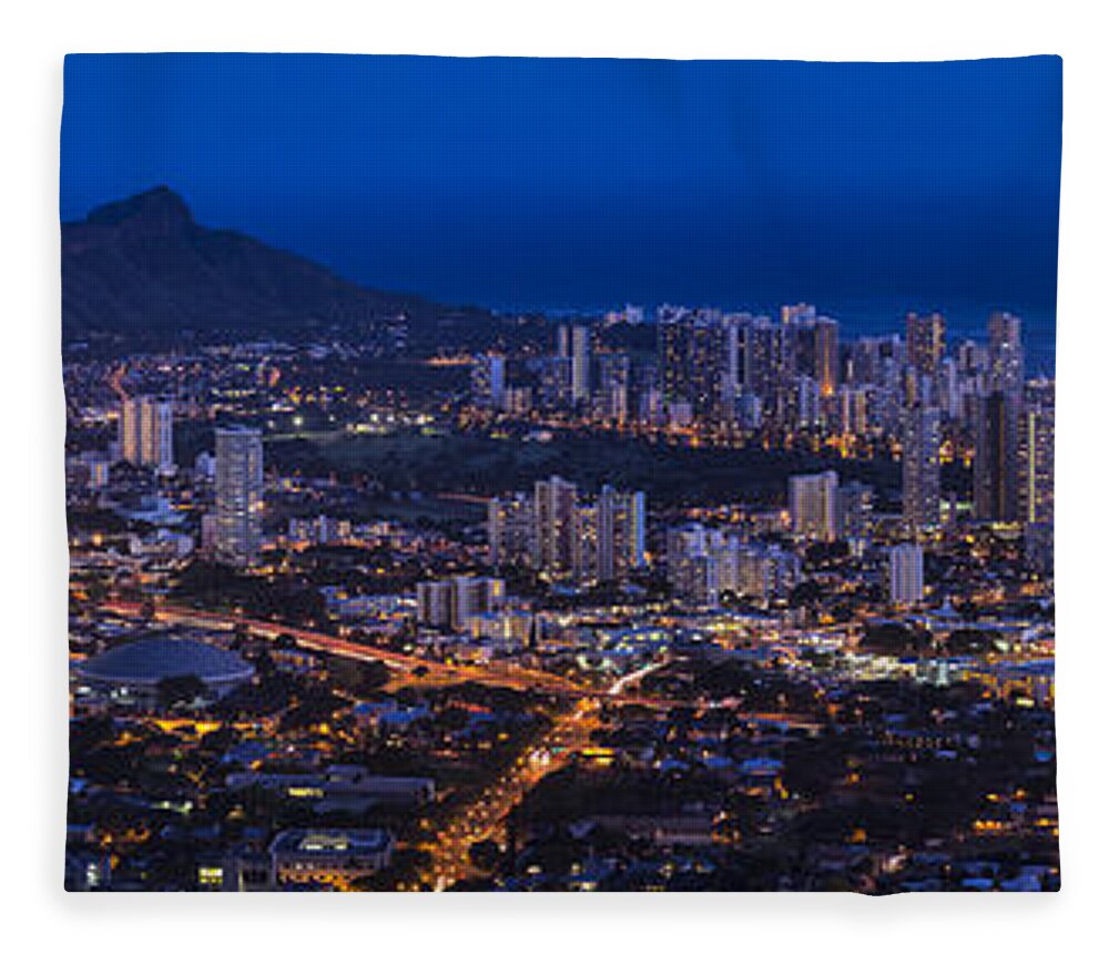 Waikiki Fleece Blanket featuring the photograph Waikiki cityscape and Diamond Head dusk panorama by Ken Brown