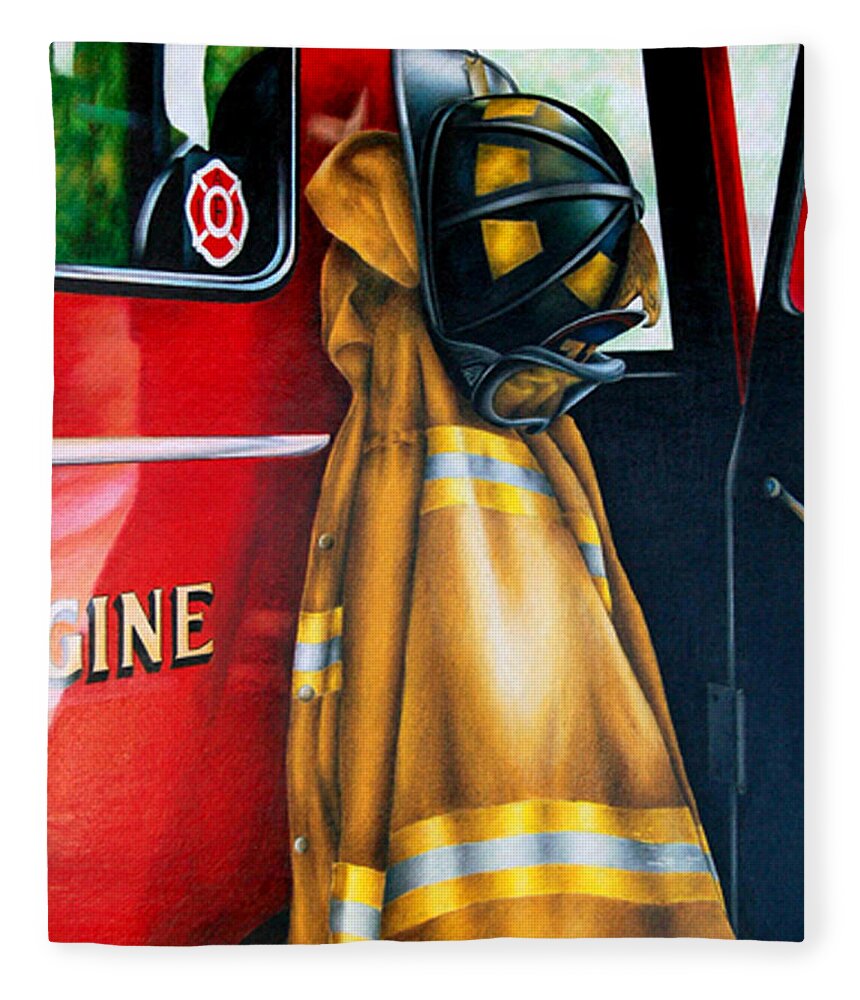 Firefighter Fleece Blanket featuring the drawing Waiting for the Call by Jodi Monroe