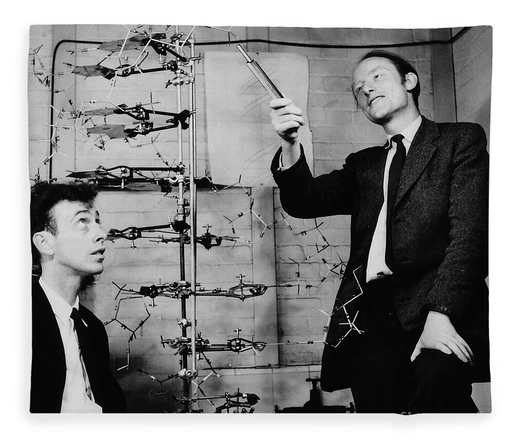 Watson Fleece Blanket featuring the photograph Watson and Crick with DNA Model by A Barrington Brown