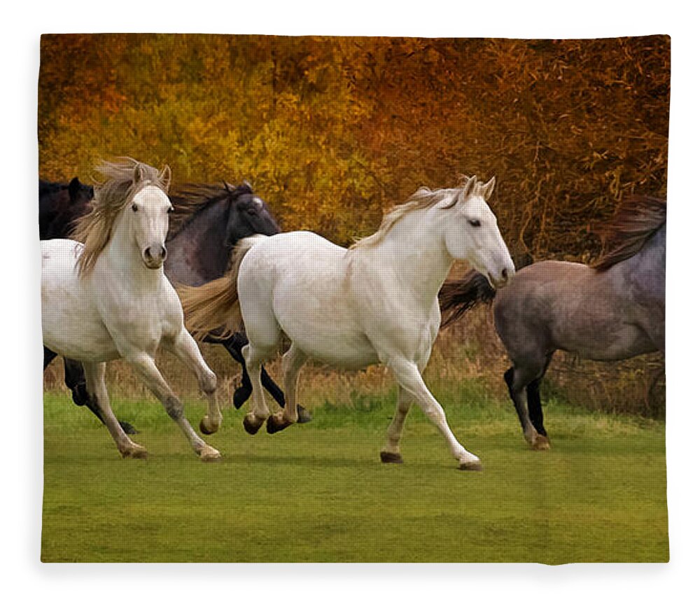 White Horse Vale Lipizzans Fleece Blanket featuring the photograph White Horse Vale Lipizzans by Wes and Dotty Weber