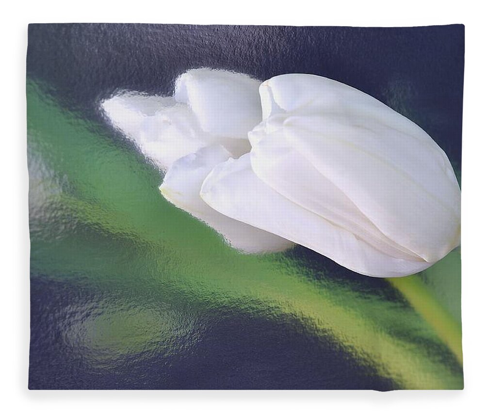 Flower Fleece Blanket featuring the photograph White Tulip Reflected in Dark Blue Water by Phyllis Meinke