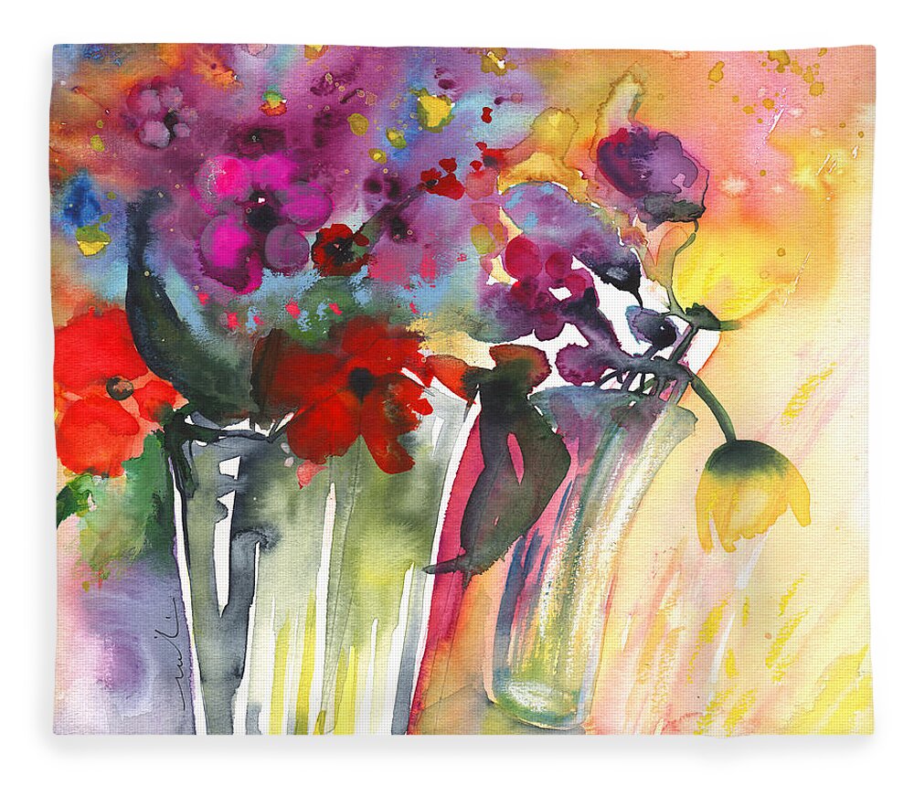 Florals Fleece Blanket featuring the painting Wild Flowers Bouquets 02 by Miki De Goodaboom
