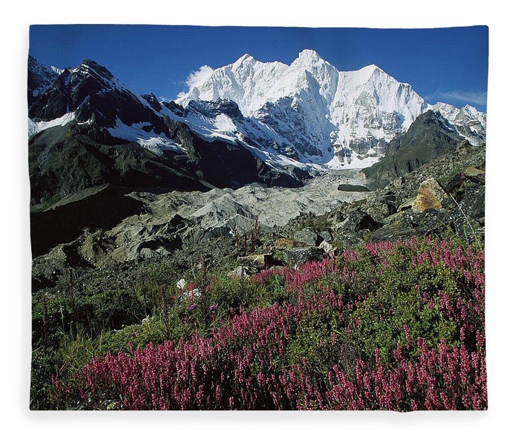 Feb0514 Fleece Blanket featuring the photograph Wildflowers And Kangshung Glacier by Colin Monteath