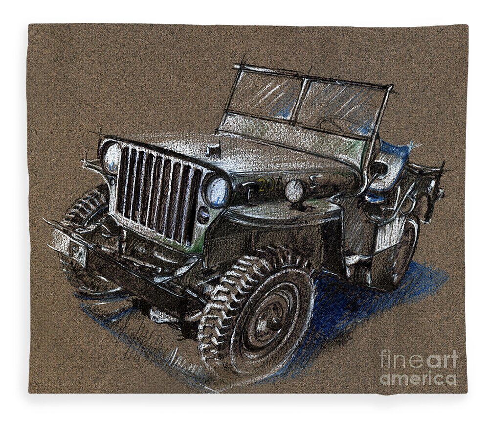 Vintage Car Study Fleece Blanket featuring the drawing Willys Car Drawing by Daliana Pacuraru