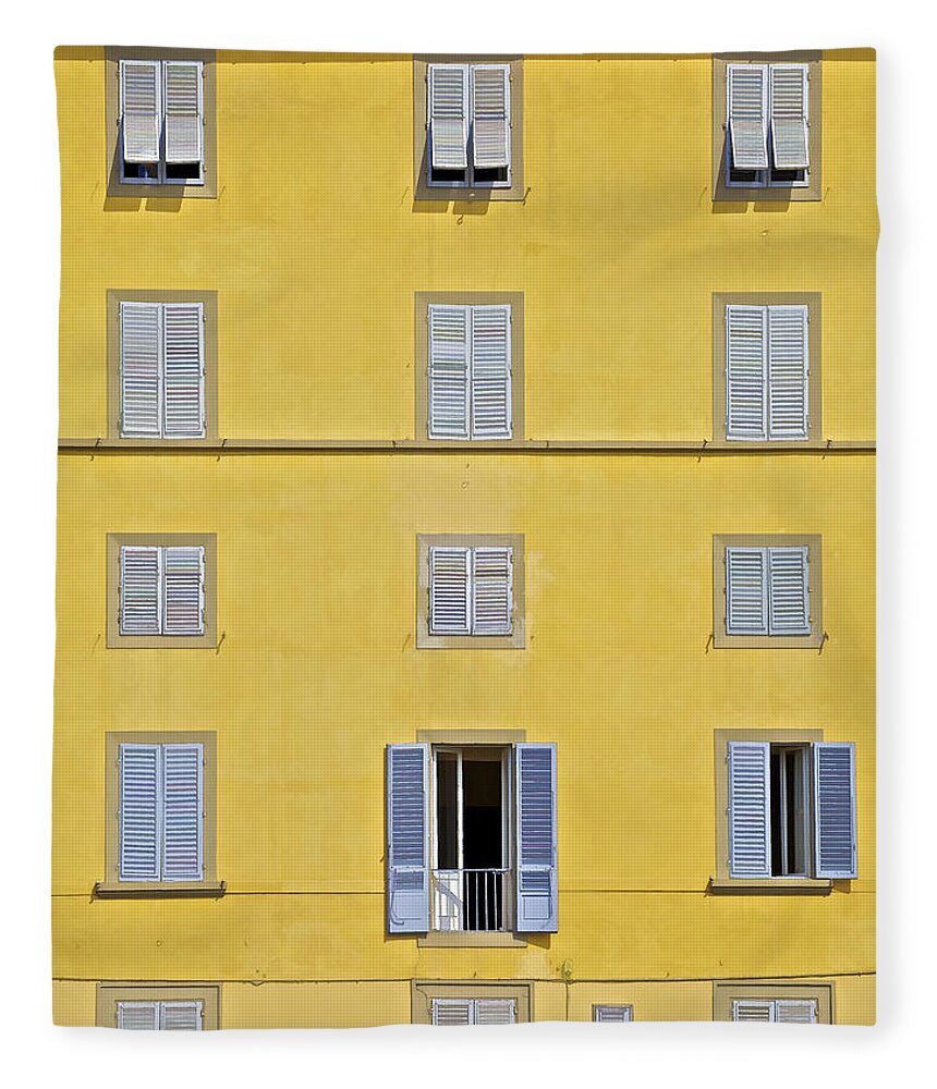 Balcony Fleece Blanket featuring the photograph Windows of Florence Against a Faded Yellow Plaster Wall by David Letts