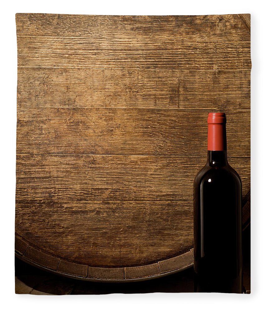 Alcohol Fleece Blanket featuring the photograph Wine Barrel And Bottle by Markswallow