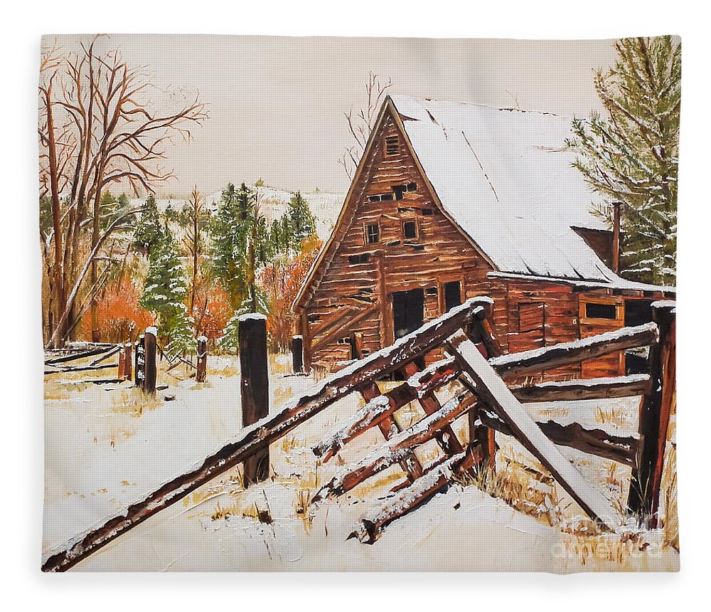Winter Fleece Blanket featuring the painting Winter - Barn - Snow in Nevada by Jan Dappen