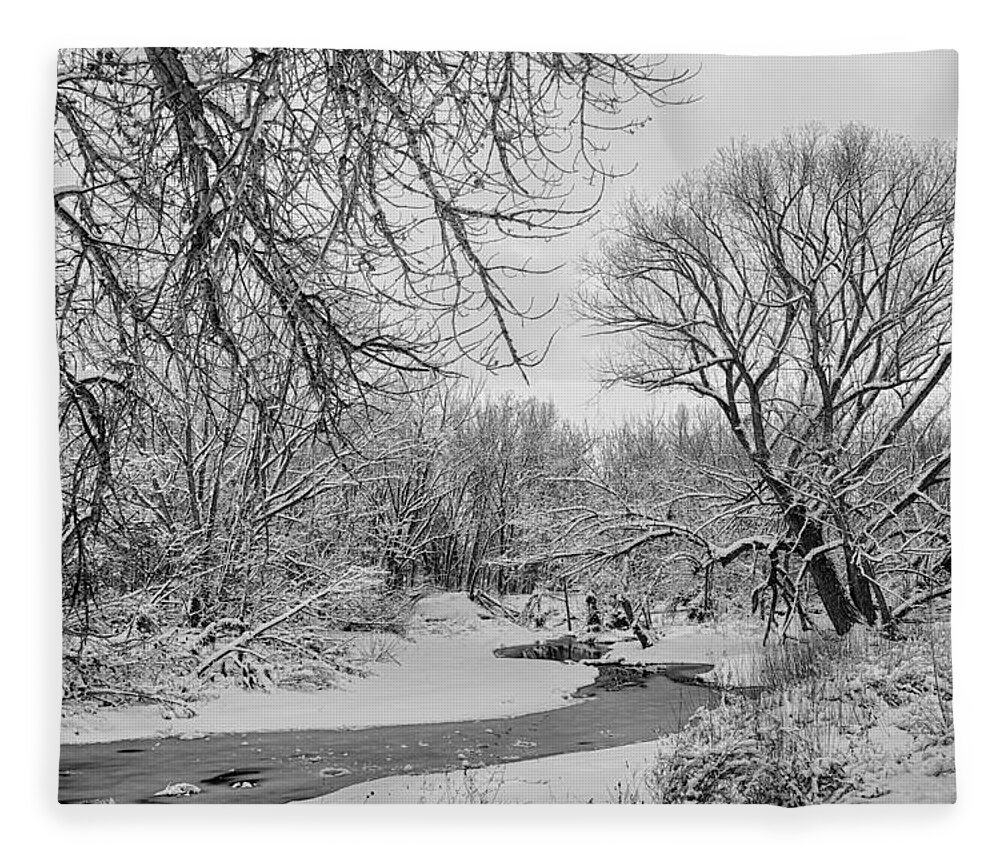 Winter Fleece Blanket featuring the photograph Winter Creek in Black and White by James BO Insogna