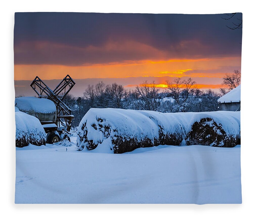 Snow Fleece Blanket featuring the photograph Winter Sunset on the Farm by Holden The Moment