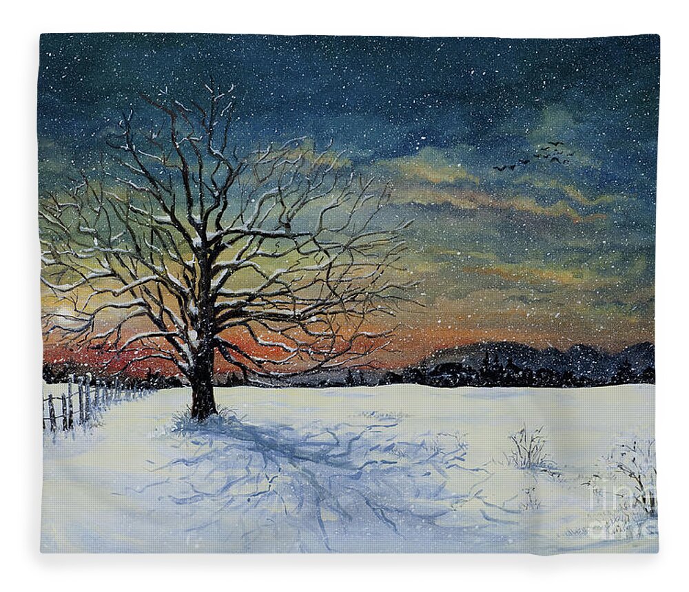 Oak Tree Fleece Blanket featuring the painting Winters Eve by Mary Palmer