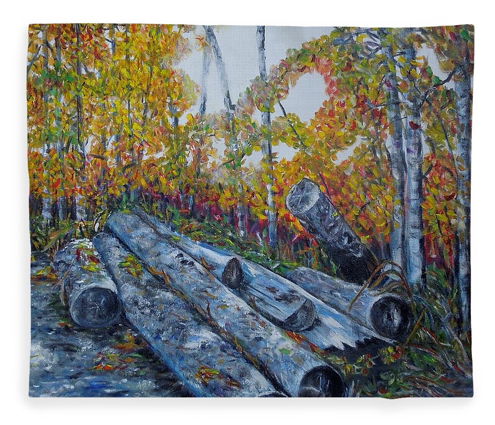 Logs Fleece Blanket featuring the painting Winter's firewood by Marilyn McNish
