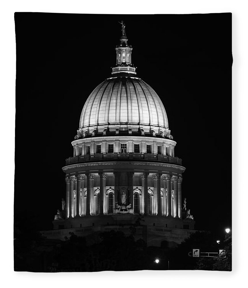 Architecture Fleece Blanket featuring the photograph Wisconsin State Capitol Building at Night Black and White by Sebastian Musial