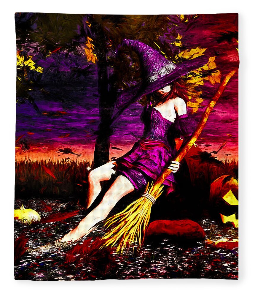 Pumpkin Patch Fleece Blanket featuring the painting Witch in the pumpkin patch by Bob Orsillo