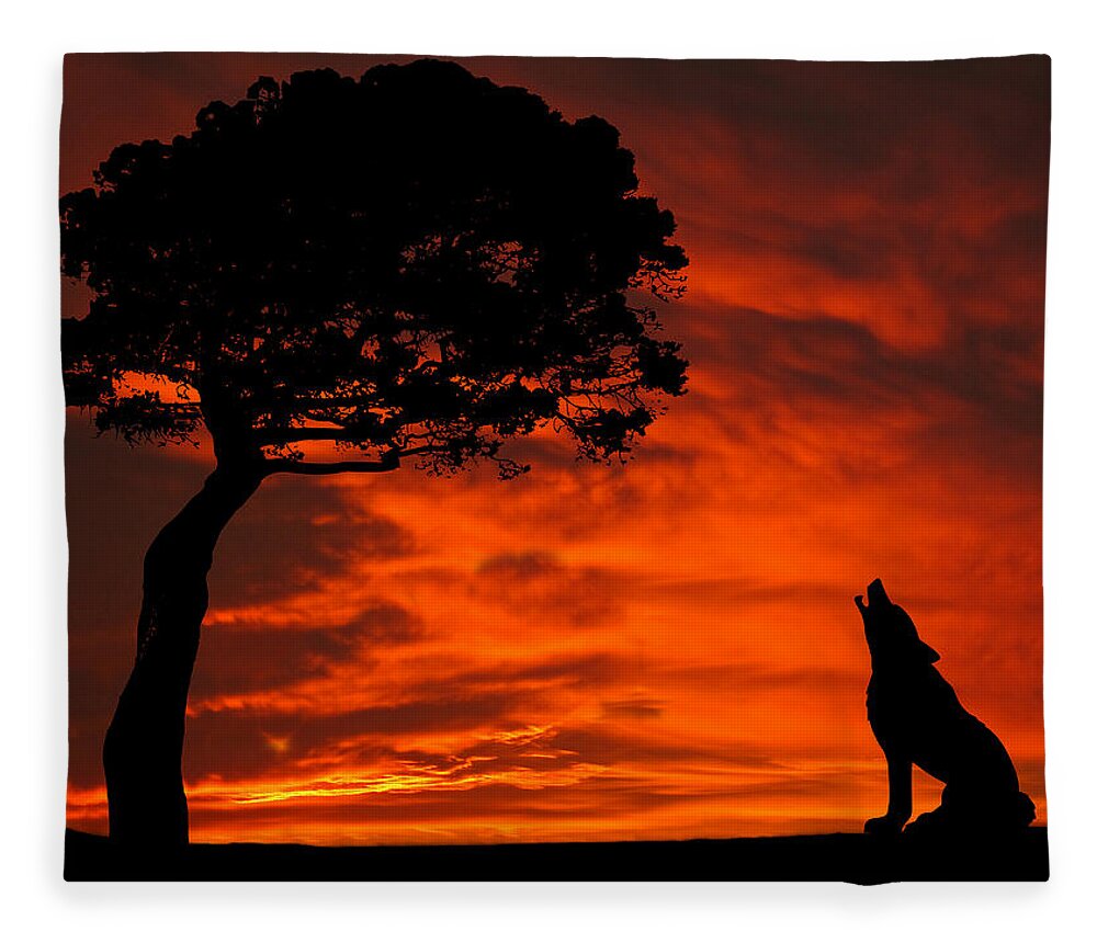 Wolf Fleece Blanket featuring the photograph Wolf Calling For Mate Sunset Silhouette Series by David Dehner