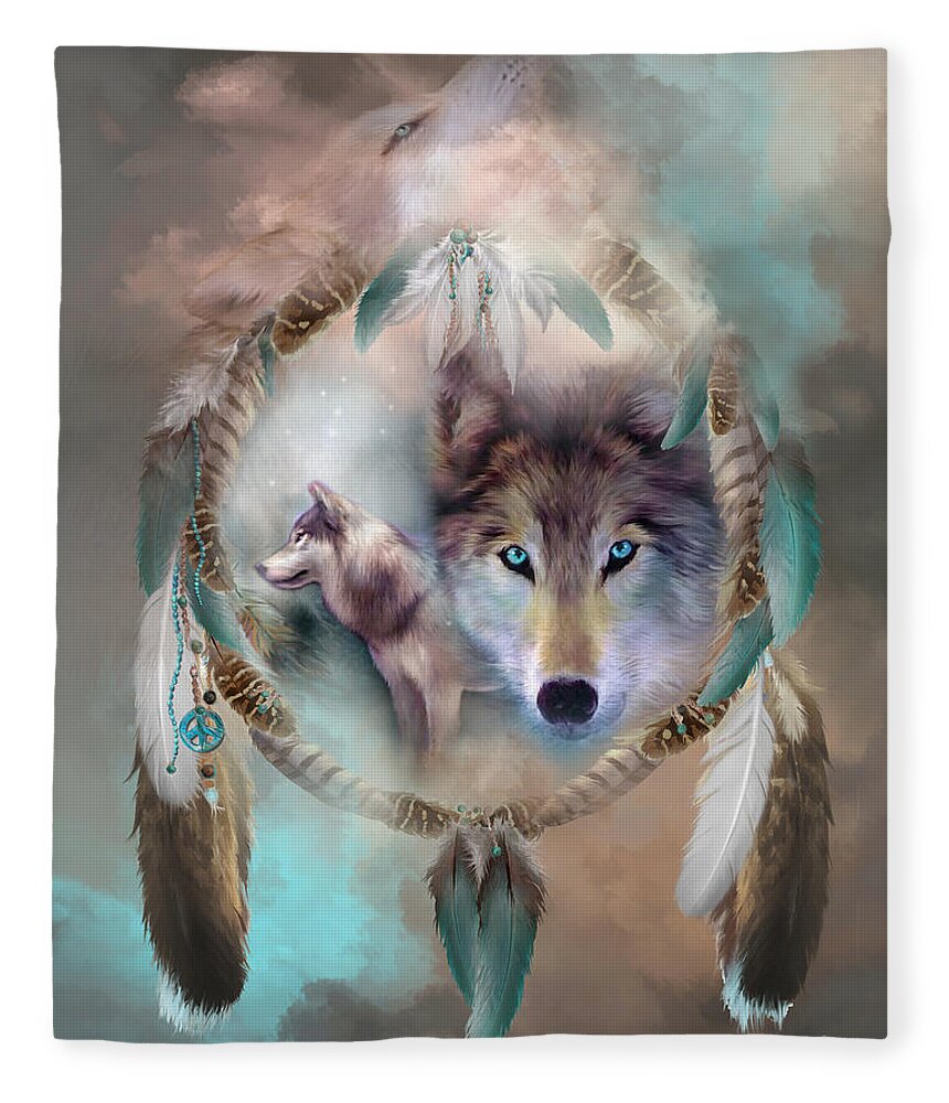 Carol Cavalaris Fleece Blanket featuring the mixed media Wolf - Dreams Of Peace by Carol Cavalaris