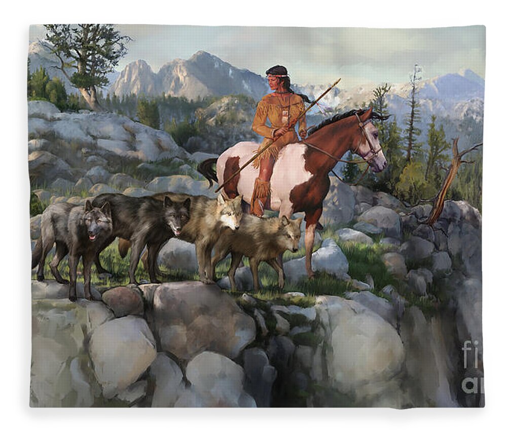Idaho Fleece Blanket featuring the painting Wolf Maiden by Robert Corsetti
