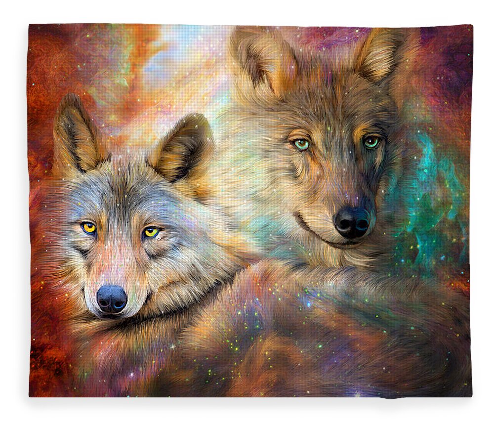 Wolf Fleece Blanket featuring the mixed media Wolf - Spirit Of The Universe by Carol Cavalaris