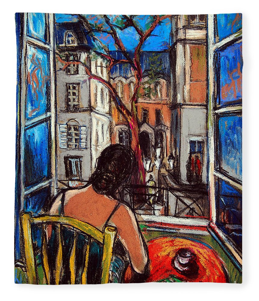 Paris Fleece Blanket featuring the painting Woman At Window by Mona Edulesco
