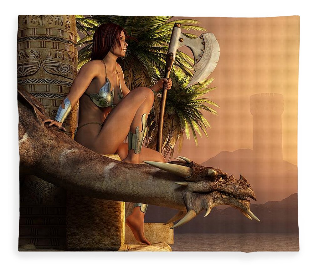 Barbarian Fleece Blanket featuring the digital art Woman with Axe and Dragon by Kaylee Mason