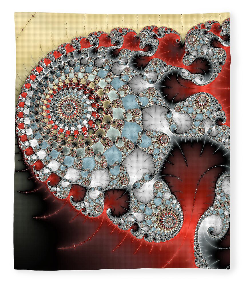 Spiral Fleece Blanket featuring the digital art Wonderful abstract fractal spirals red grey yellow and light blue by Matthias Hauser