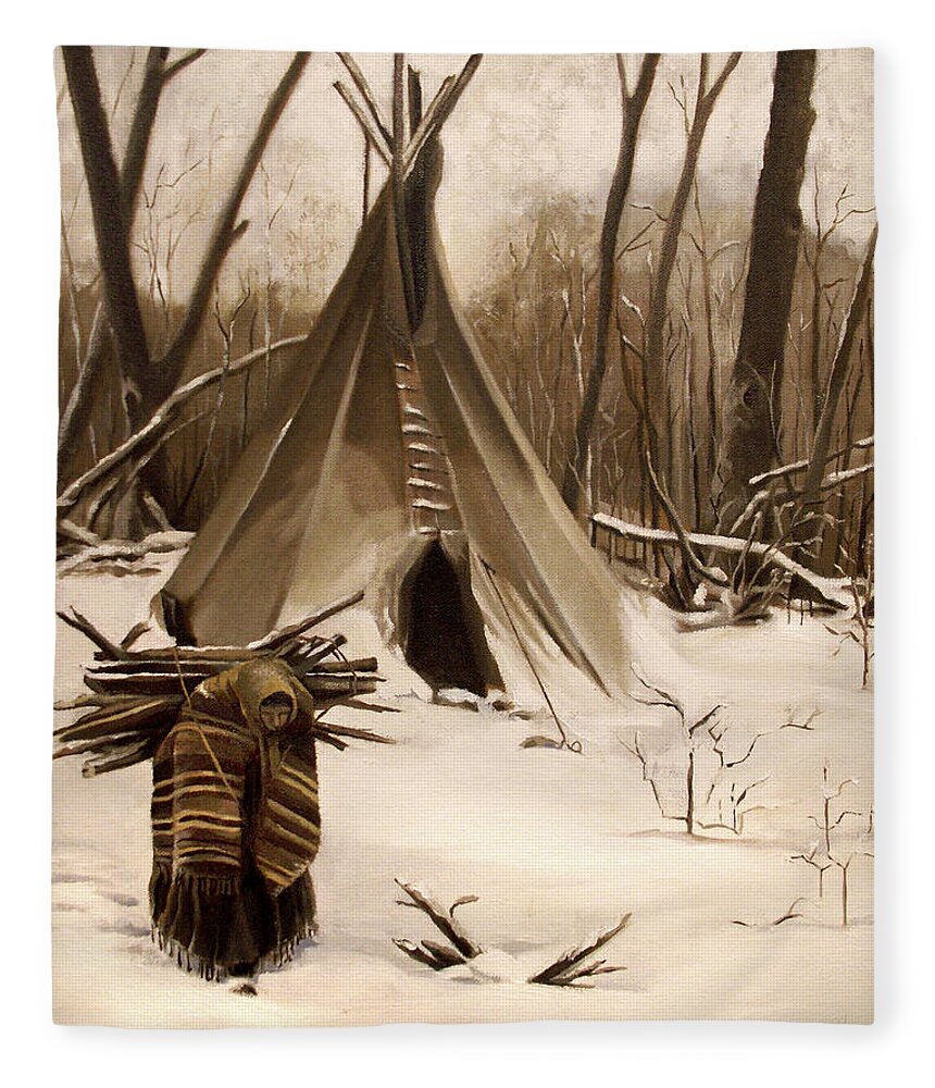 Native American Fleece Blanket featuring the painting Wood Gatherer by Nancy Griswold