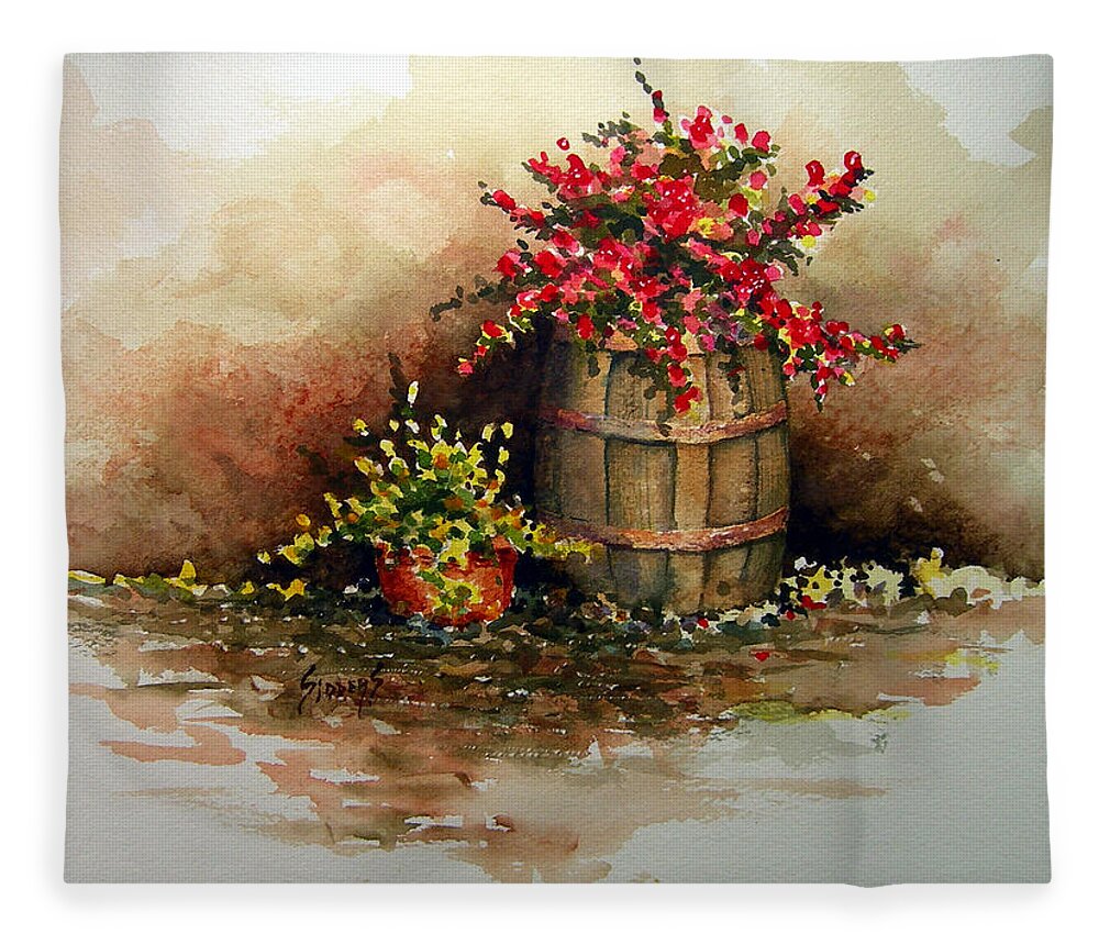 Barrel Fleece Blanket featuring the painting Wooden Barrel with Flowers by Sam Sidders