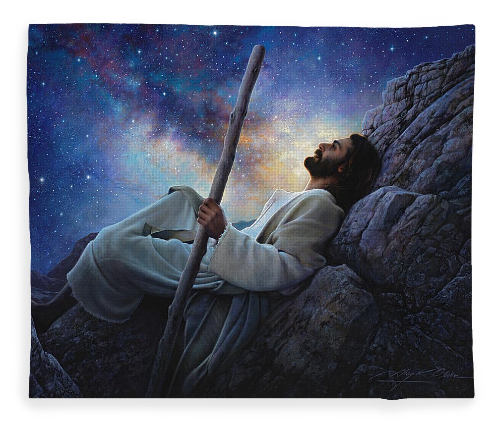 Jesus Fleece Blanket featuring the painting Worlds Without End by Greg Olsen