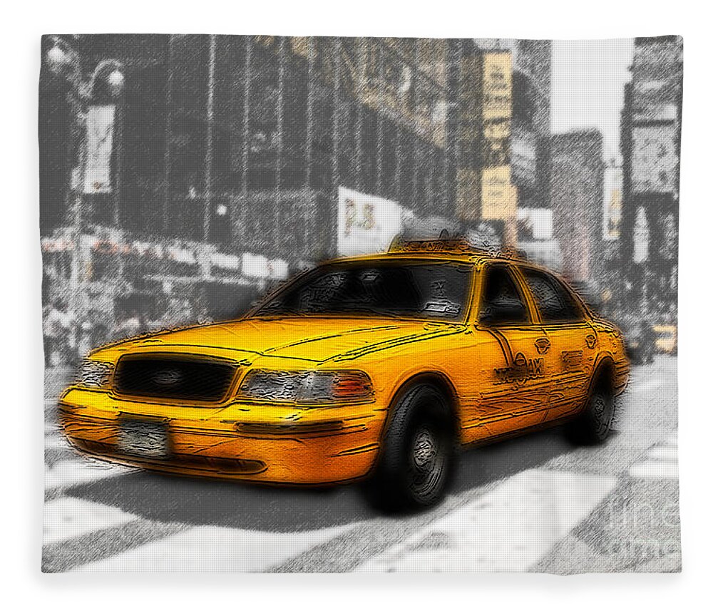 Hypo Vereins Bank Fleece Blanket featuring the photograph Yellow Cab at the Times Square -comic by Hannes Cmarits