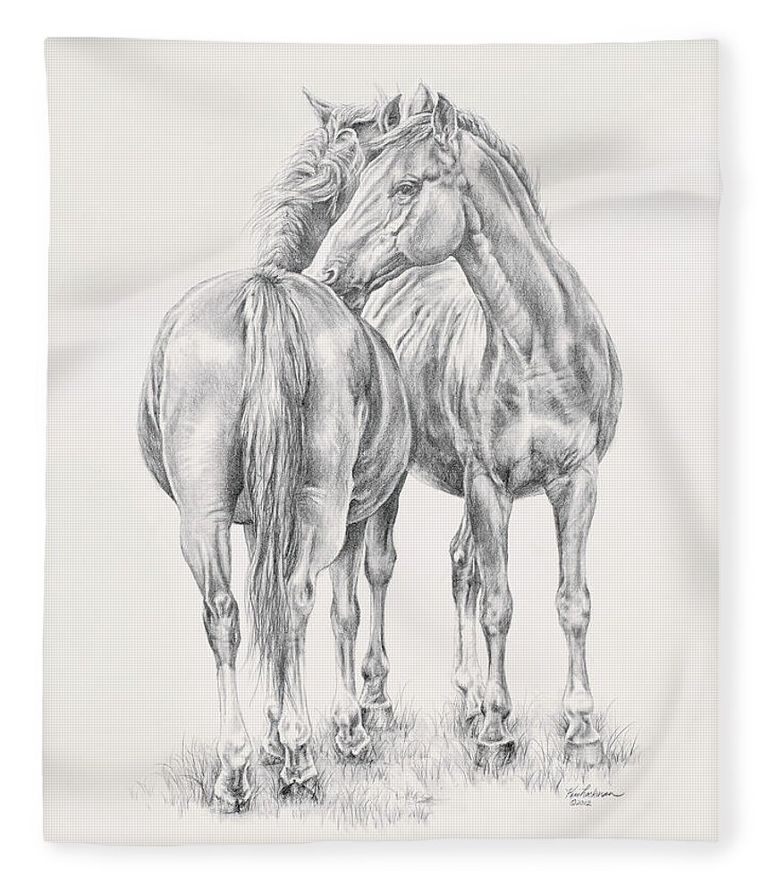 Horses Fleece Blanket featuring the drawing You Scratch My Back I'll Scratch Yours by Kim Lockman